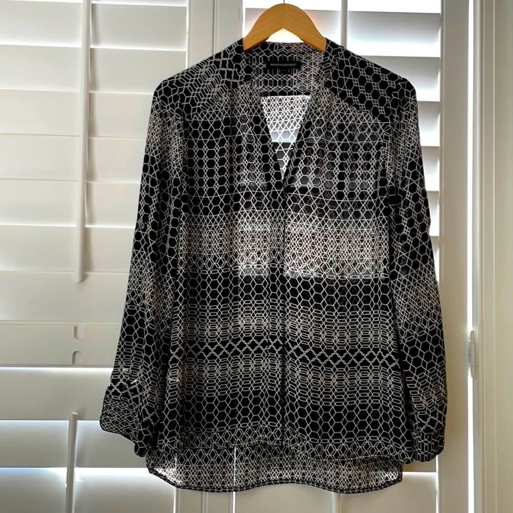 Banana Republic | black and white geometric print semi sheer blouse | M